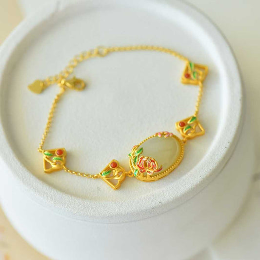 Sterling Silver Hetian Jade Blooming Flowers Prosperity Bracelet - Jewelry Weilin