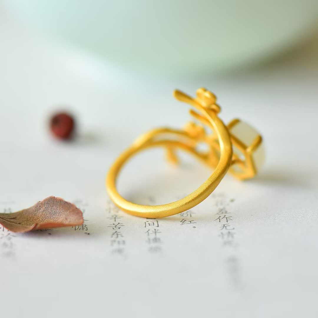 Traditional Handcrafted Silver Hetian Jade Enamel Plum Blossom Ring - Jewelry Weilin