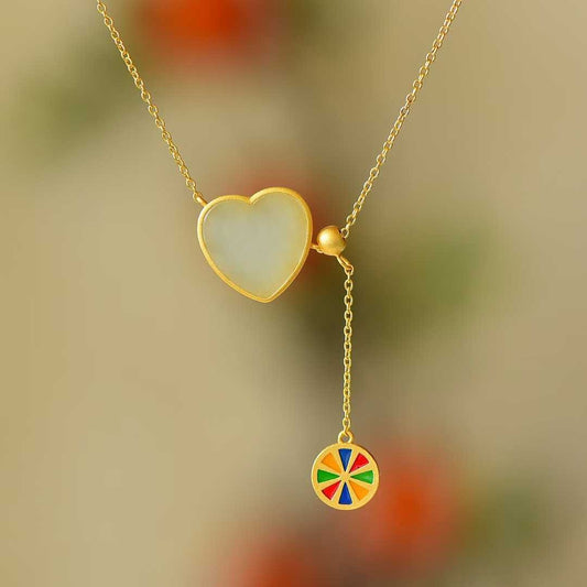 Traditional Handcrafted Silver Hetian Jade Flat Heart - Shaped Integrated Chain Pendant - Jewelry Weilin