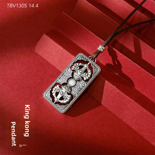 Chinese style leather cord filigree square sterling silver pendant