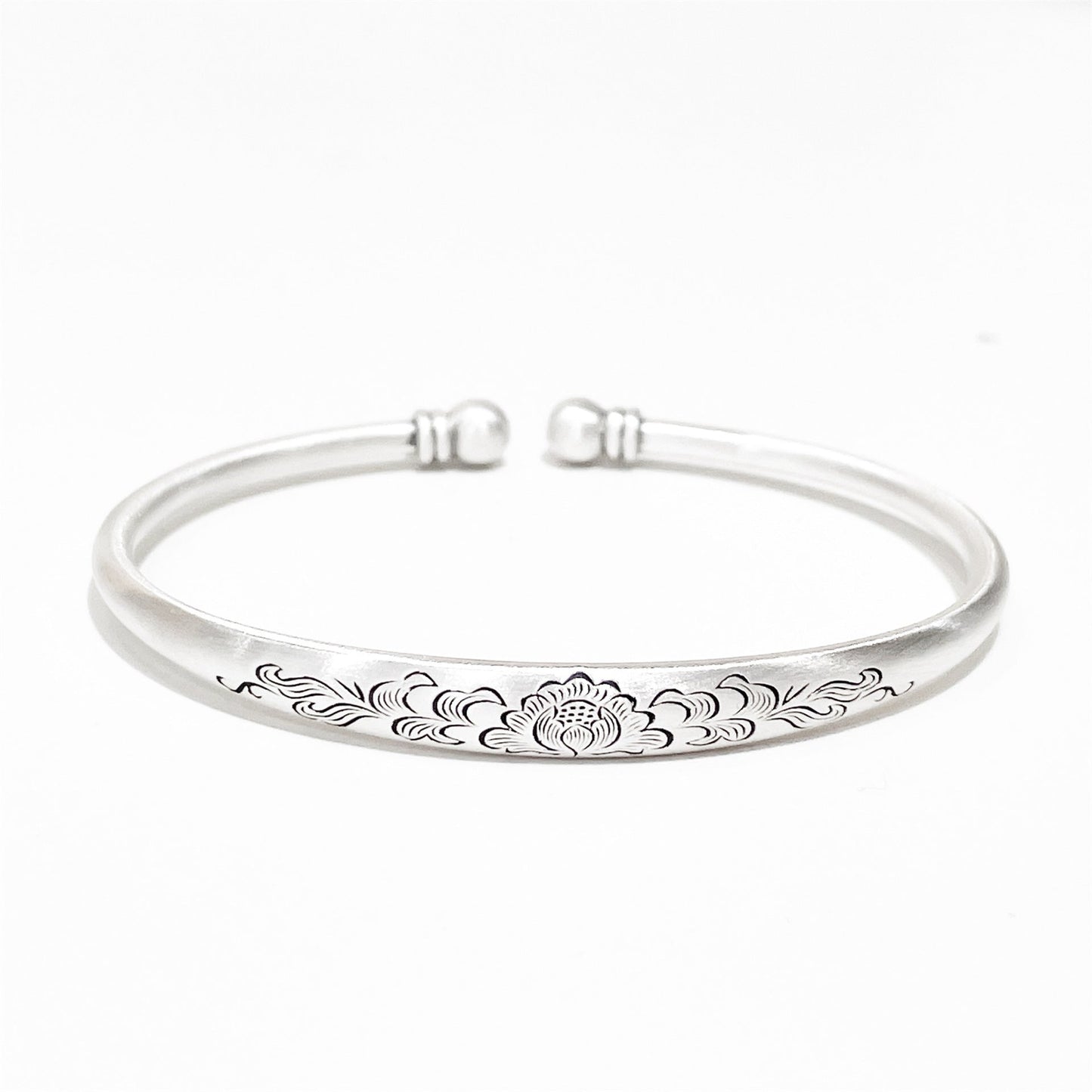 Vintage Engraved Lotus Beads Sterling Silver Bracelet - jewelry - weilin.com