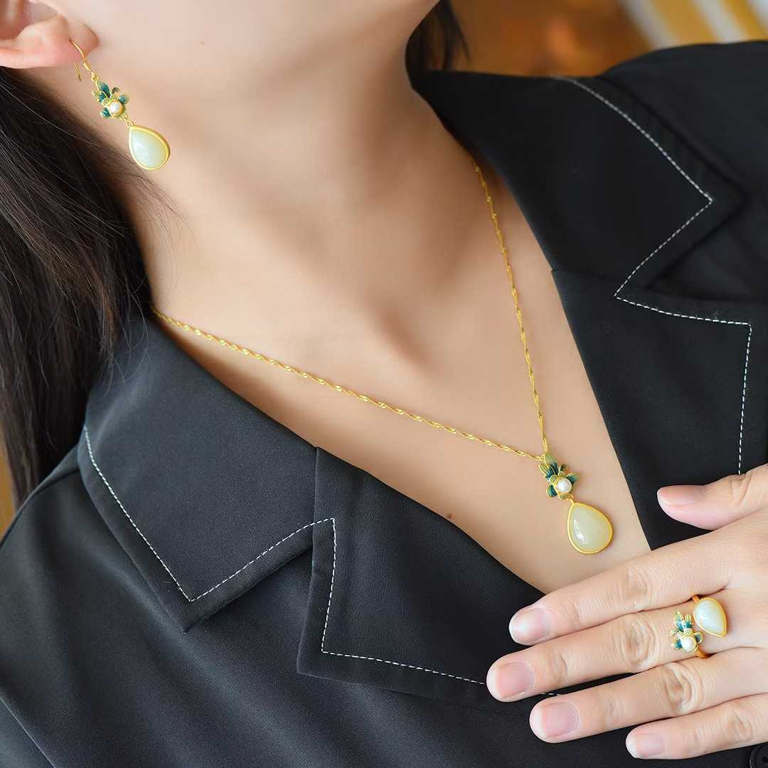 Vintage - Style Silver Inlaid Hetian Nephrite "Lush Orchid" Teardrop Jewelry Set - jewelry - weilin.com