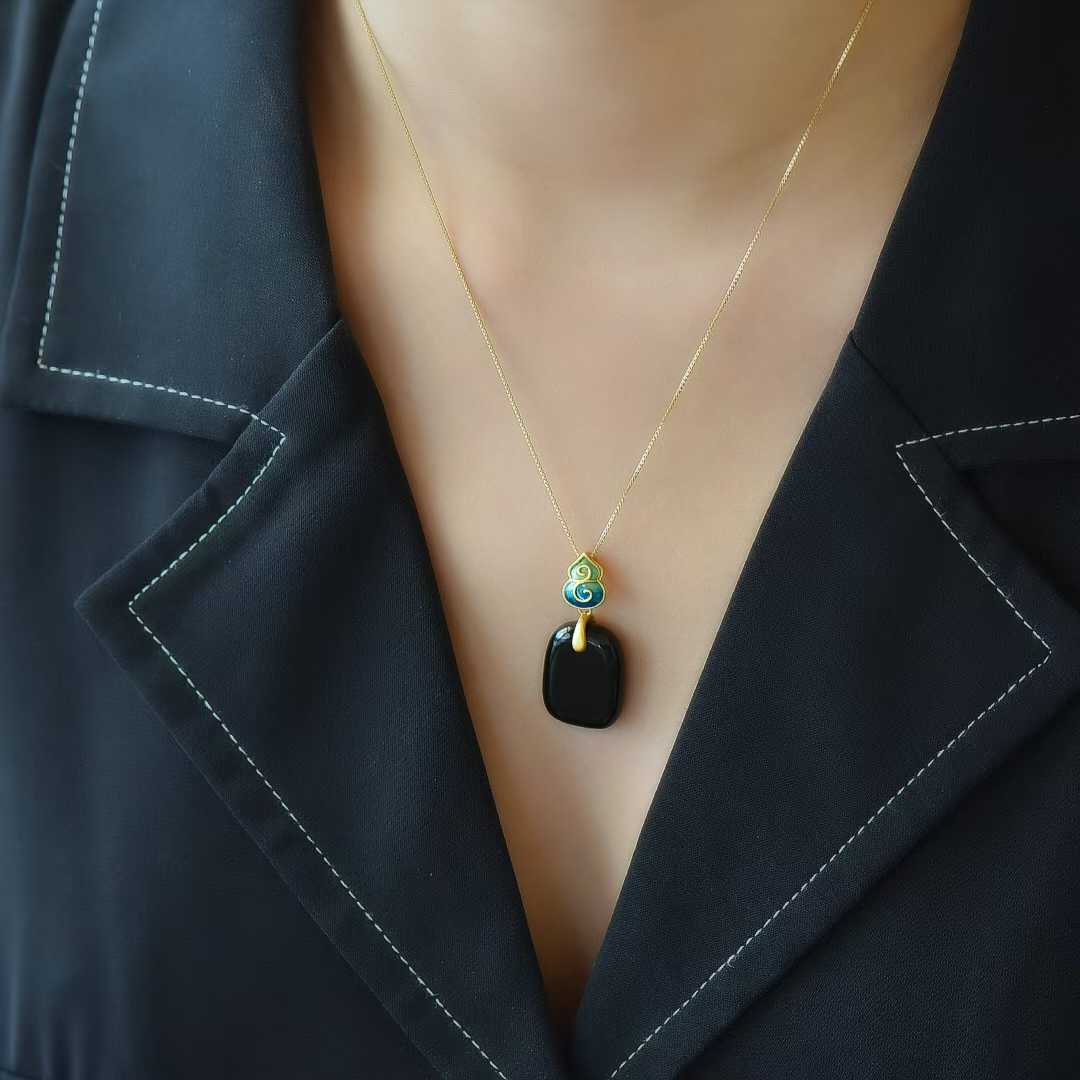 Vintage - Style Silver Inlaid Nephrite Black Jade Ping'an Plaque Pendant - jewelry - weilin.com