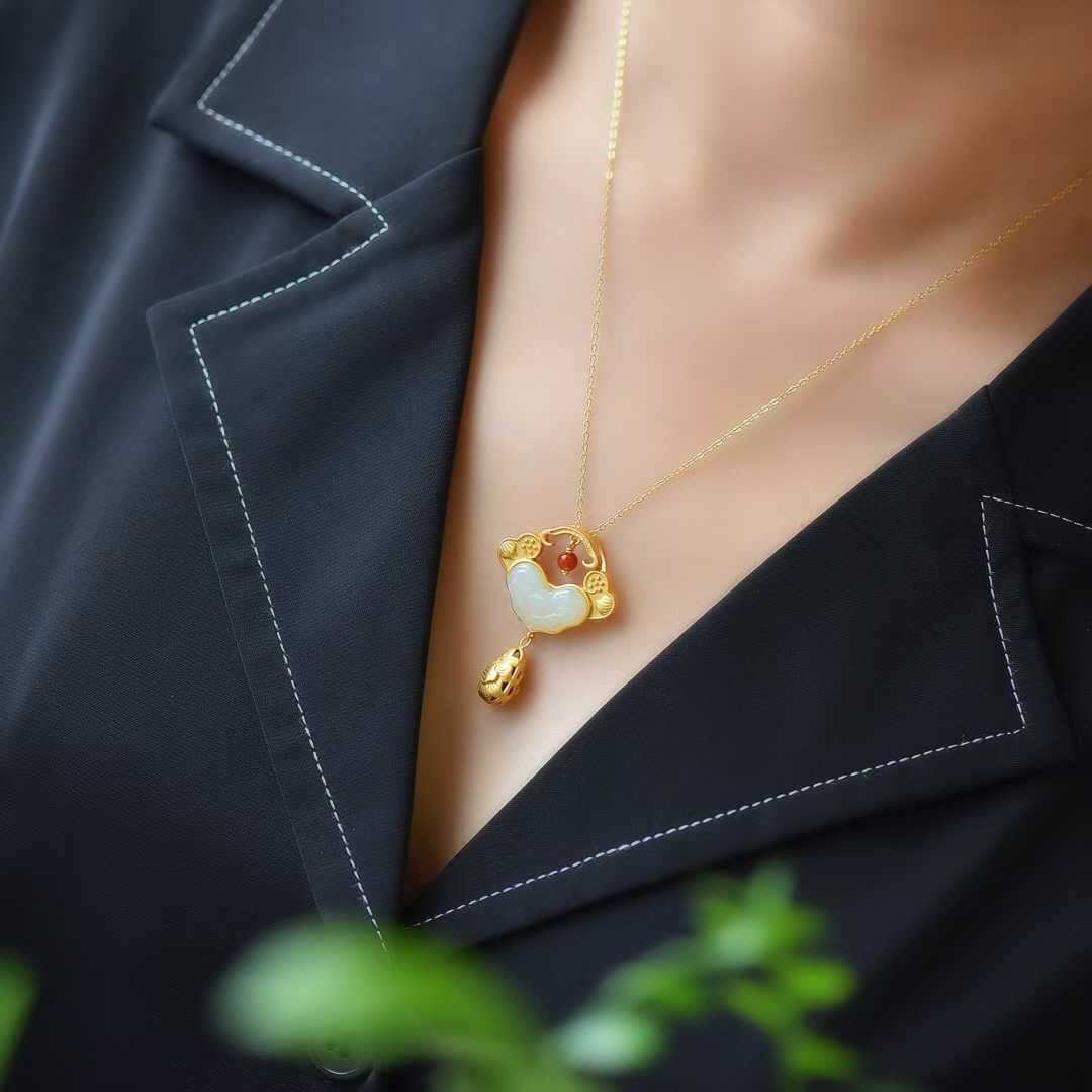 Vintage - Style Silver Inlaid Nephrite "Ruyi" and "Yingluo" Pendant - jewelry - weilin.com