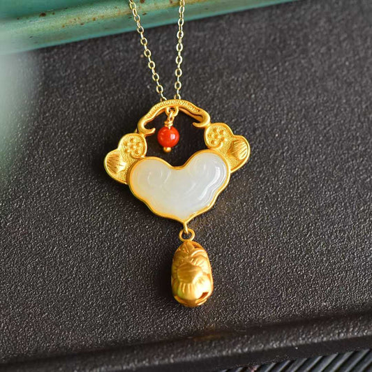 Vintage - Style Silver Inlaid Nephrite "Ruyi" and "Yingluo" Pendant - jewelry - weilin.com