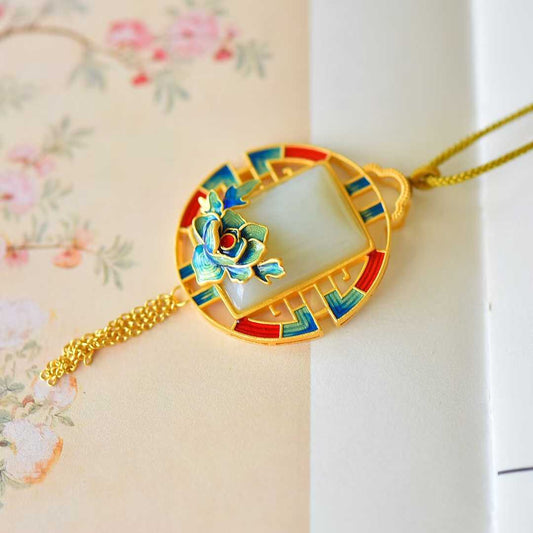 Vintage - Style Silver Inlaid Nephrite Square Enamel Pendant - jewelry - weilin.com