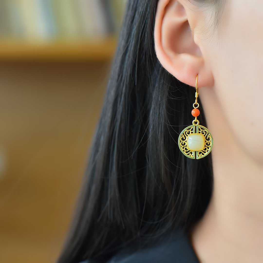 Vintage - Style Silver Inlaid Nephrite "Wanshou Vine" Earrings - jewelry - weilin.com