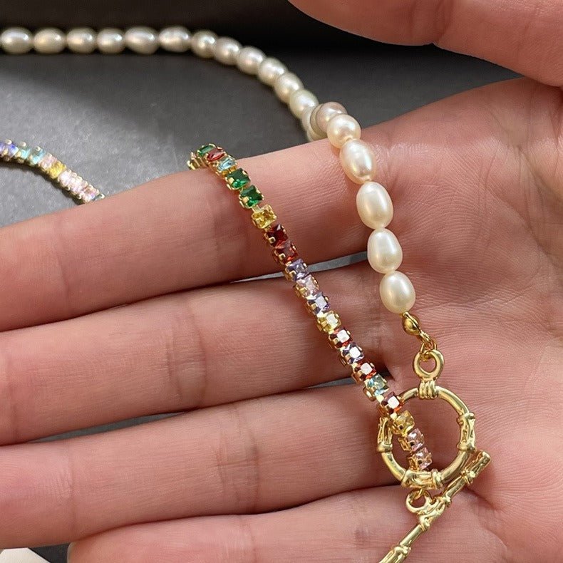 Women's fashionable all - match ot buckle colorful zircon natural freshwater pearl necklace - jewelry - weilin.com