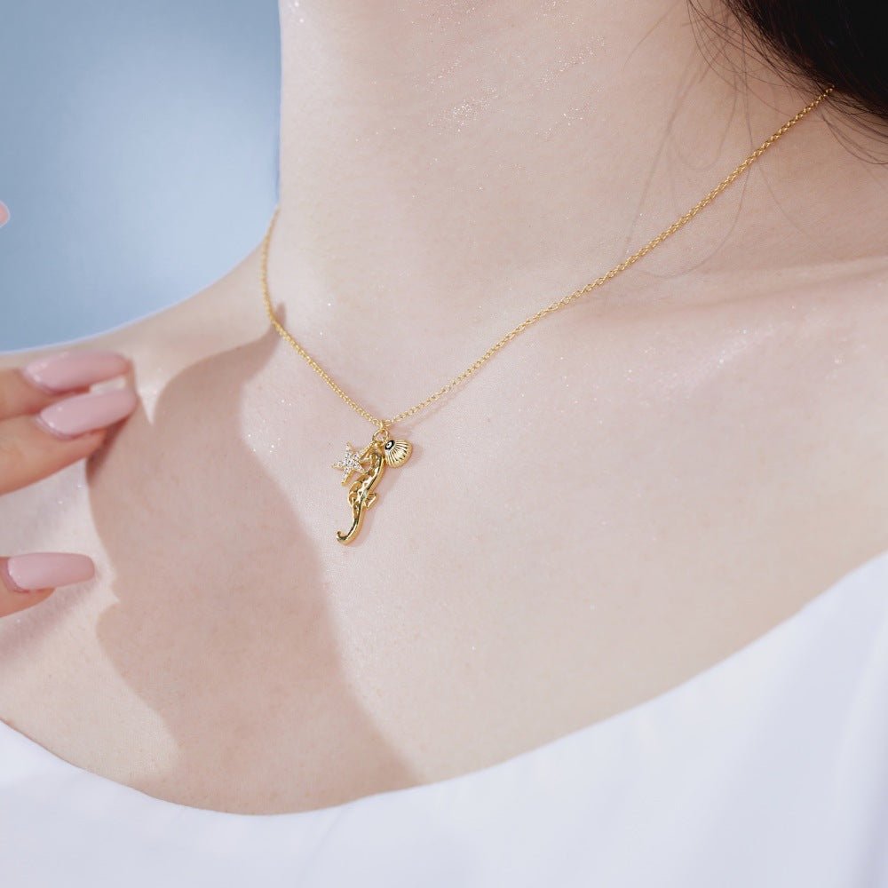 Women's simple high - end zircon star shell necklace - jewelry - weilin.com