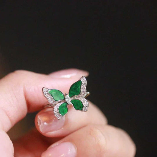 Natural Jadeite Butterfly Ring Hand-Carved in 925 Sterling Silver — Type A Burmese Jadeite | Jewelry Weilin