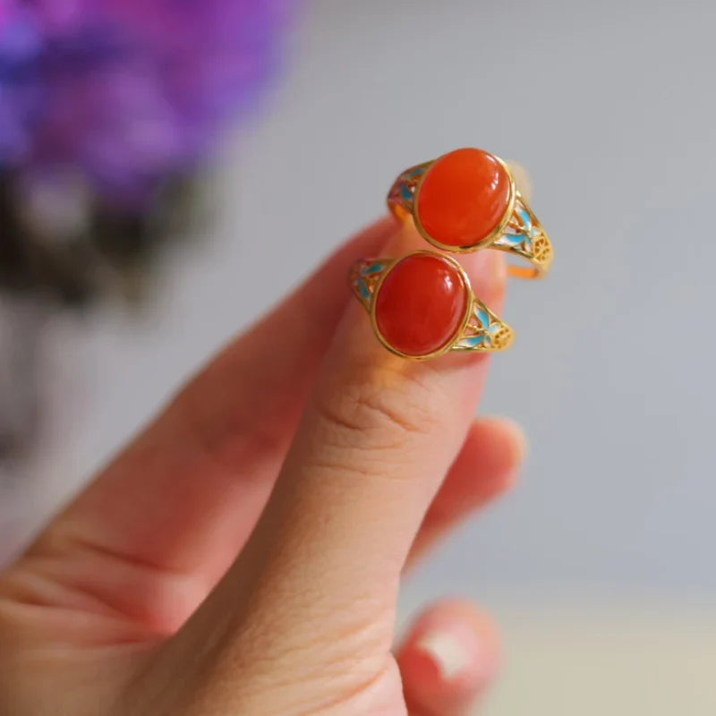 Natural Nanhong Agate Ring in 925 Sterling Silver — AA Grade Baoshan Red Agate | Jewelry Weilin