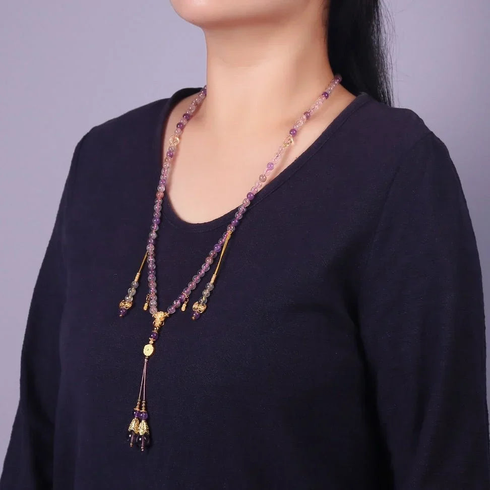 Chinese Style 108 Buddhist Beads Dual-Purpose Necklace in purple crystal with gold accents - convertible necklace and bracelet from Jewelry Weilin