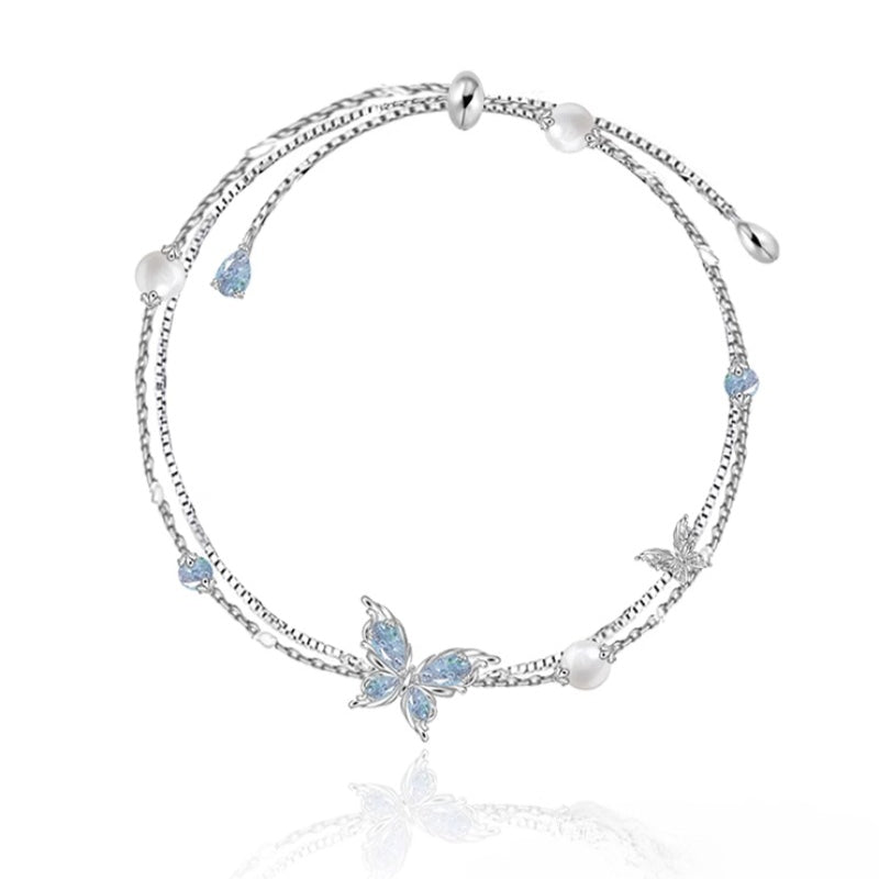 Frozen Ice Blue Butterfly Double Layer Pearl Bracelet