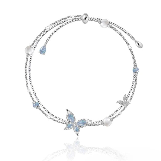 Frozen Ice Blue Butterfly Double Layer Pearl Bracelet