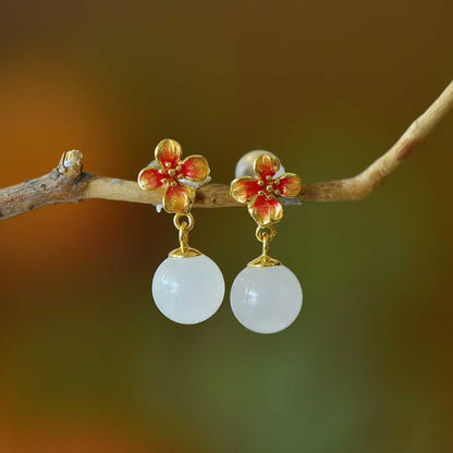 925 Silver Inlaid White Jade Bead "Peach Blossom" Earrings