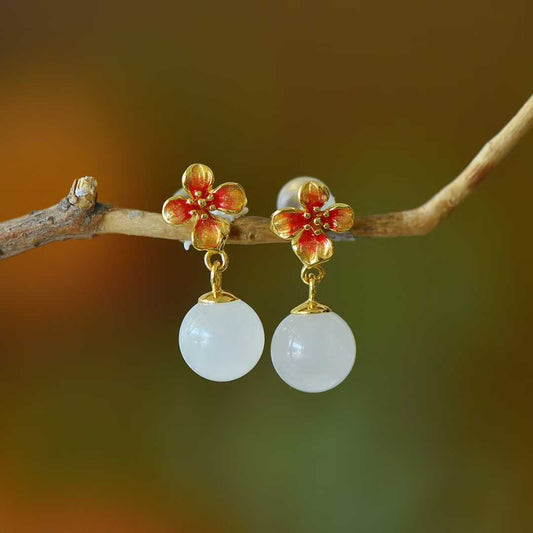 925 Silver Inlaid White Jade Bead "Peach Blossom" Earrings