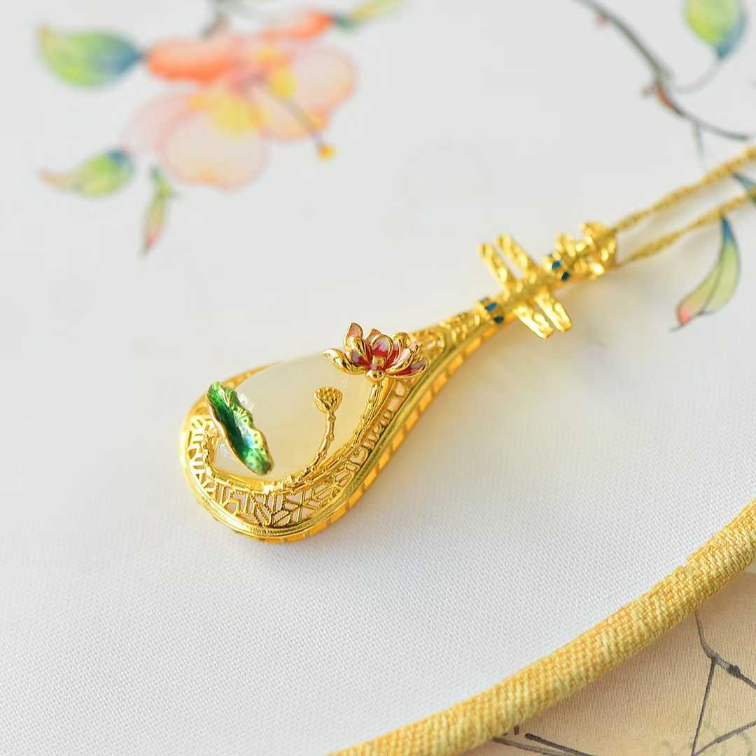 925 Silver-Inlaid Hetian Jade Pendant with "Water Adornments & Wind Garments" Theme & Pipa (Chinese Lute) Design