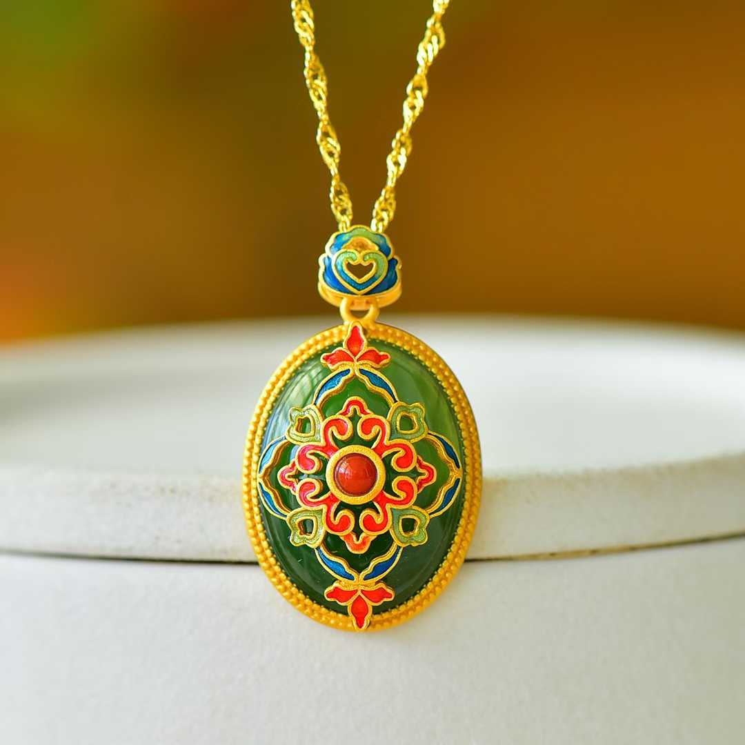 925 Silver-Inlaid Hetian Green Jade Pendant with "Continuous Blessings & Fortune" Meaning & Enamel Accents