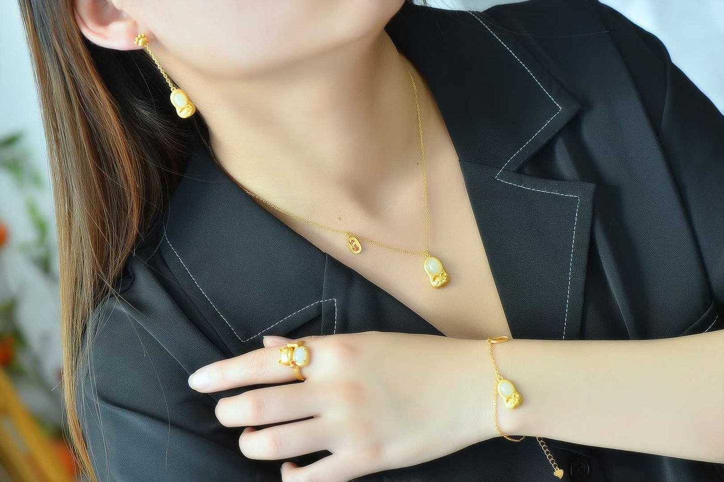 Sterling silver Hetian jade jewelry set - attract wealth and gather blessings auspicious design