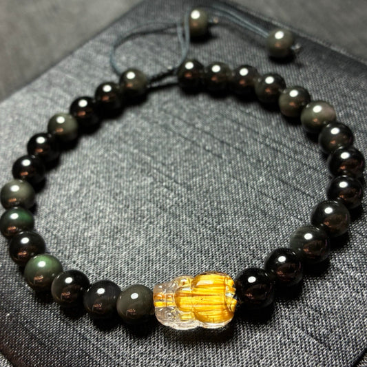 Natural Titanium Rutilated Quartz Pixiu Black Obsidian Bracelet