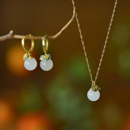 S925 silver Hetian white nephrite bead Flowers Bloom and Fortune Arrives minimalist jewelry set