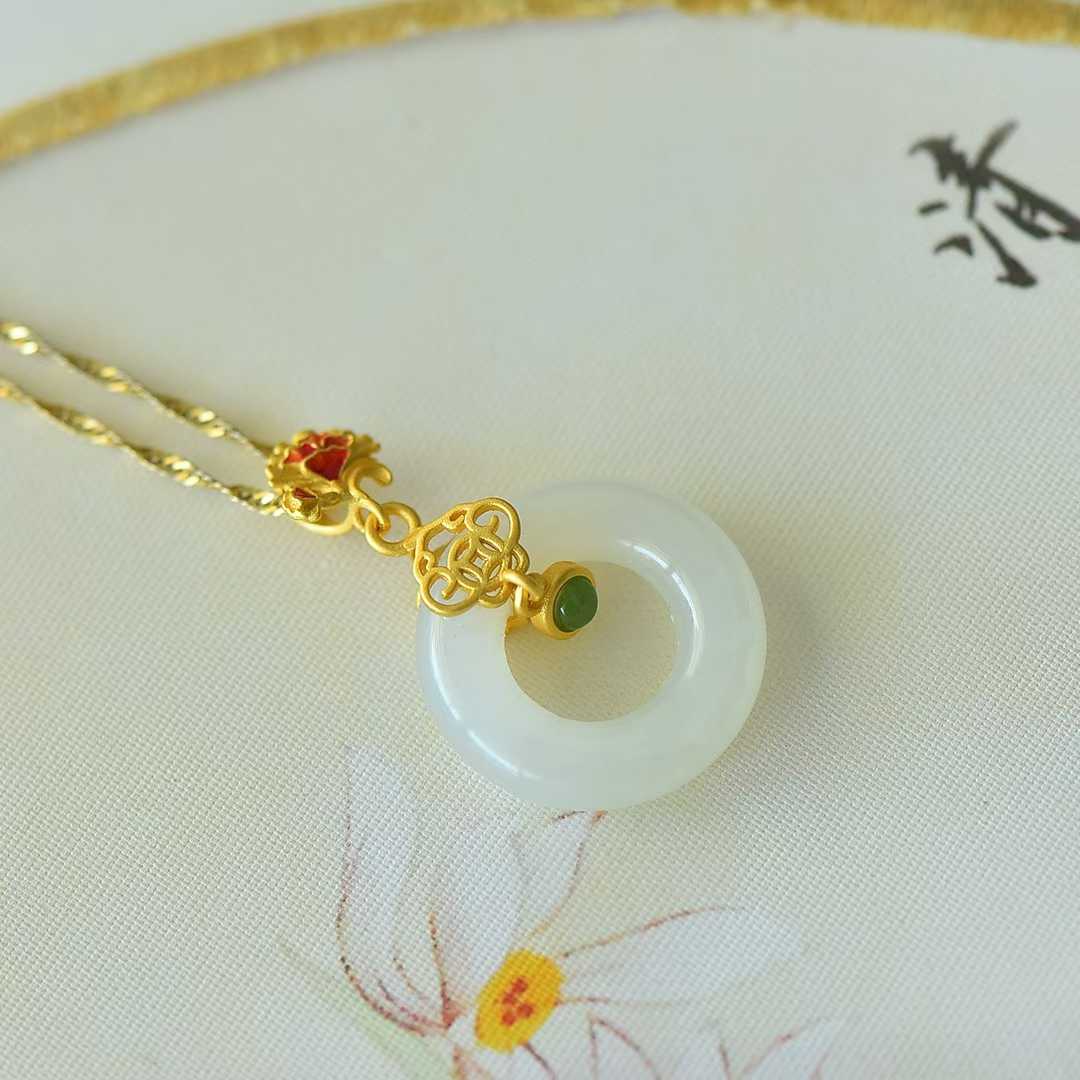 925 Silver Inlaid Hetian Nephrite "Carnation & Peace Circle" Pendant