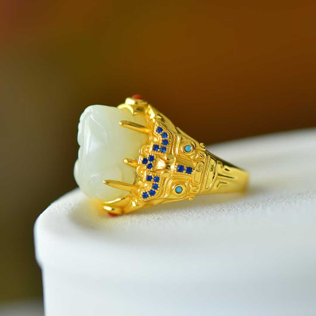 925 Silver Inlaid Hetian Nephrite "Attract Wealth & Treasure" Pixiu Ring