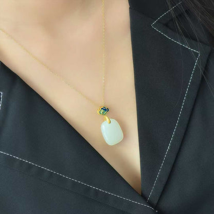 925 Silver-Inlaid Hetian Jade Enamel Pendant with "Ping'an Pai" (Peace Plaque) & "Ruyi" Design