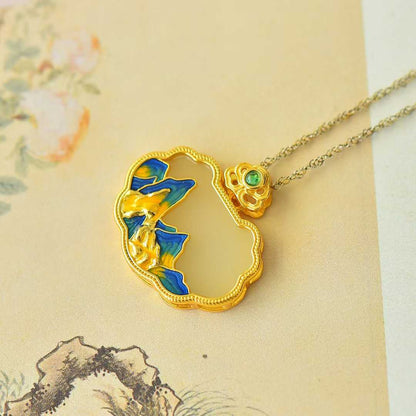 925 Silver-Inlaid Hetian Jade Pendant with "Wanshui Qianshan" (Endless Mountains and Rivers) & "Ruyi Lock" Design