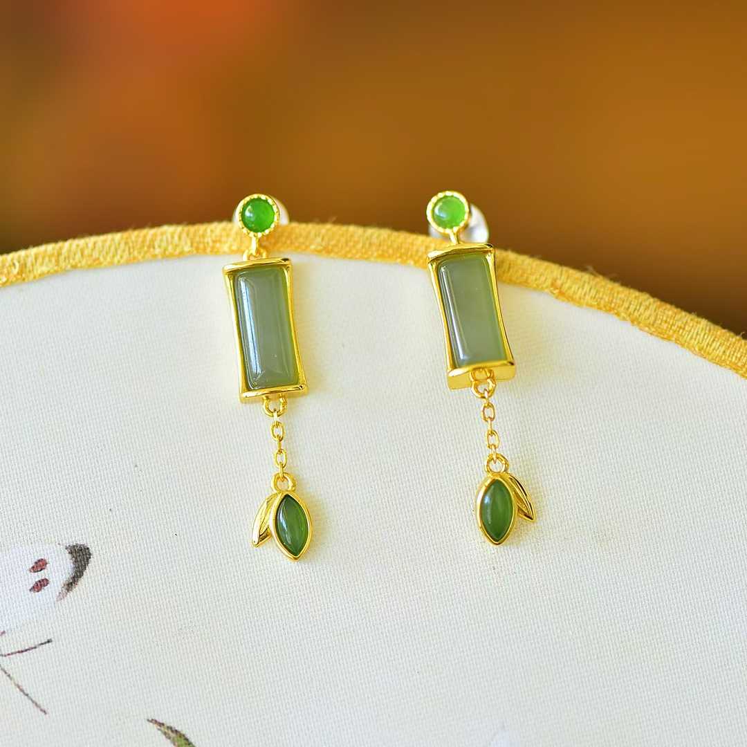 925 Silver Inlaid Hetian Nephrite (Clear Water Variety) "Steady Progress" Stud Earrings