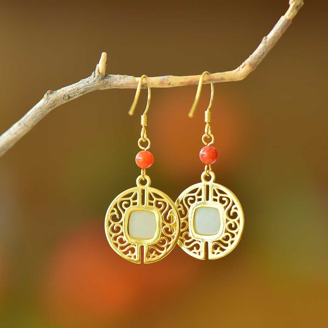 Vintage-Style Silver Inlaid Nephrite "Wanshou Vine" Earrings