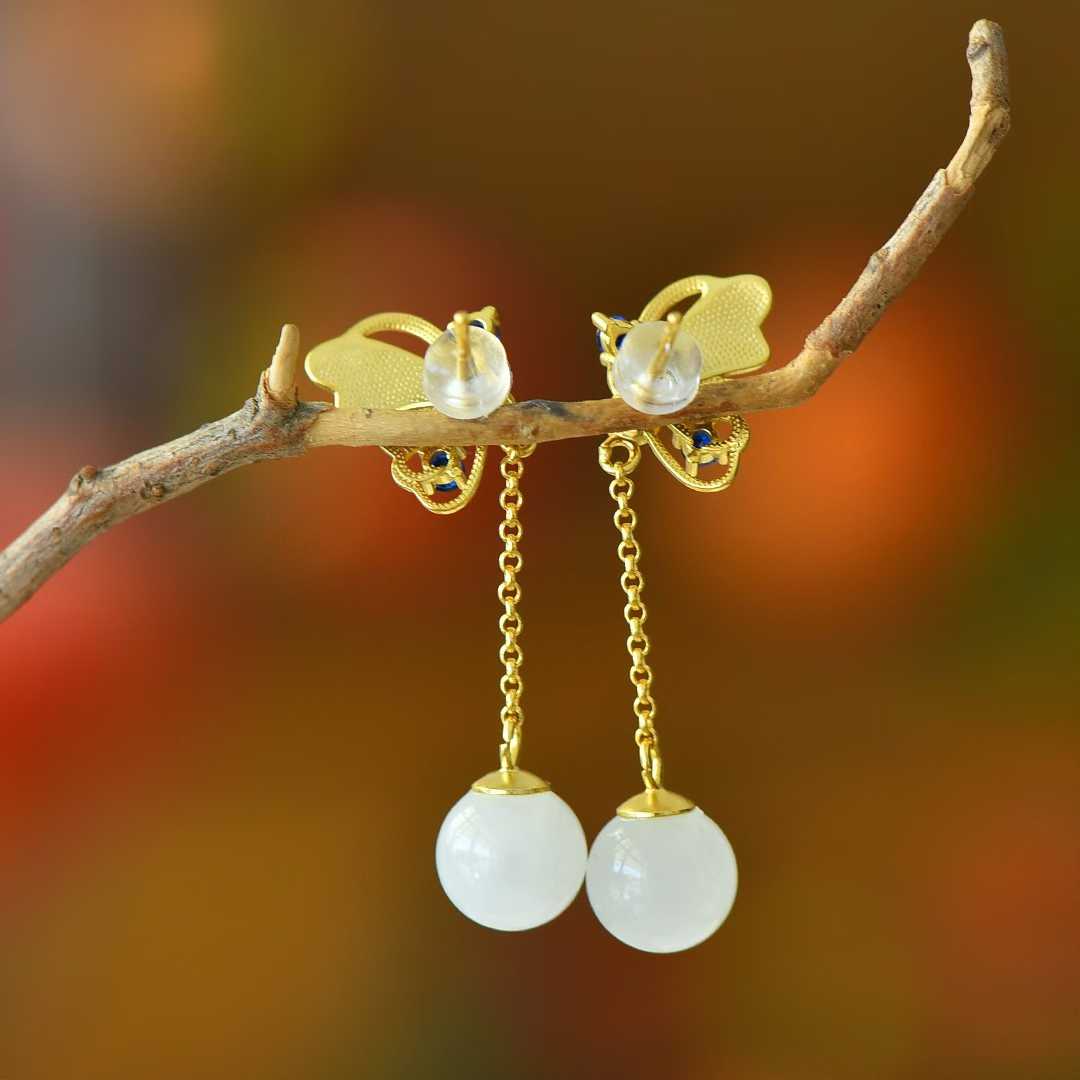 925 Silver Inlaid Nephrite "Butterflies in Flight" Stud Earrings