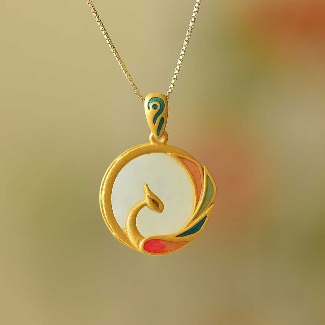 925 Silver Inlaid Nephrite "Phoenix Looking Back" Pendant