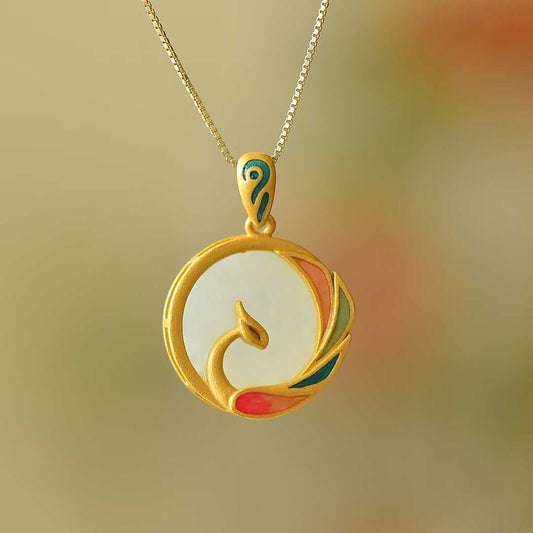 925 Silver Inlaid Nephrite "Phoenix Looking Back" Pendant