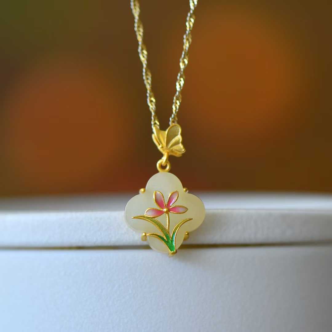 925 Silver Inlaid Hetian Nephrite "Phalaenopsis & Four-Leaf Clover" Pendant