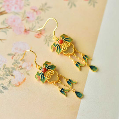 925 Silver Inlaid Green Hetian Nephrite "Maple Tree Shade" Enamel Dangle Earrings