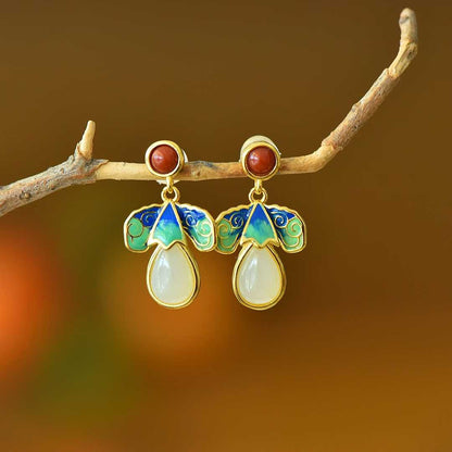 925 Silver Inlaid Nephrite "Blessings Before Eyes" Teardrop Enamel Earrings