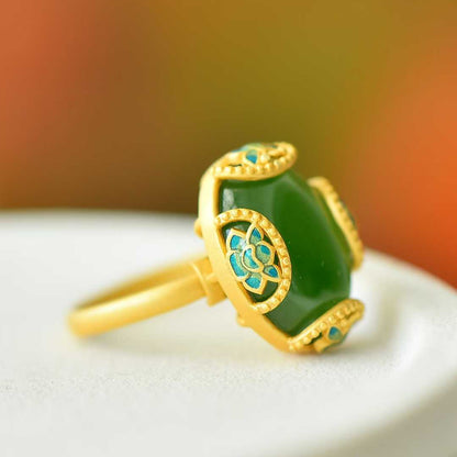 925 Silver Inlaid Hetian Spinach Green Nephrite Cabochon "Colorful Butterflies & Continuous Luck" Enamel Butterfly Ring