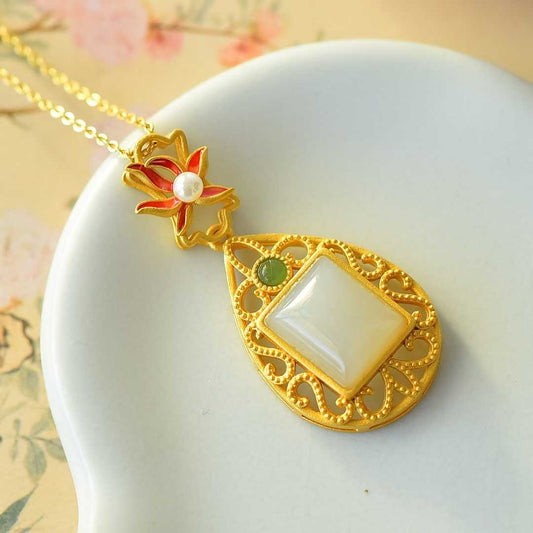 925 Silver Inlaid Nephrite Daffodil Filigree Pendant