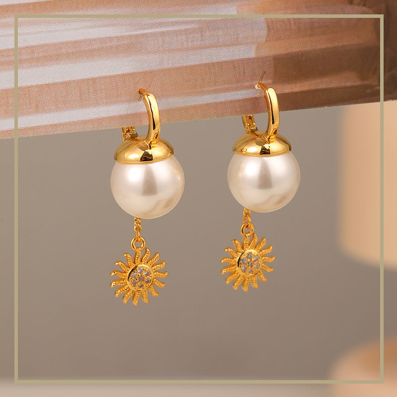 High-end sunflower pearl tassel retro earrings - jewelryweilin