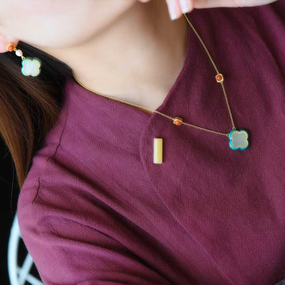 925 Silver Inlaid Nephrite Enamel Four-Leaf Clover Jewelry Set