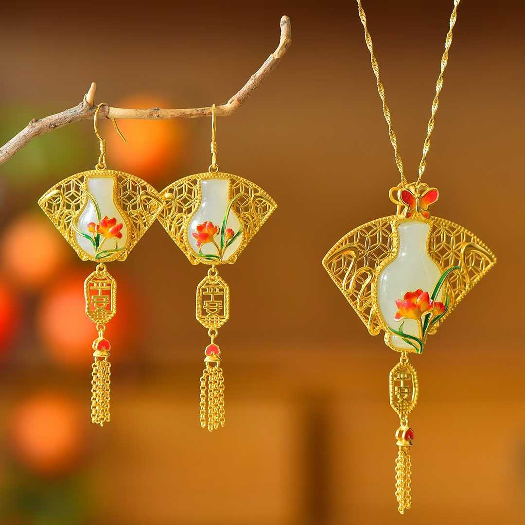 Vintage-style silver Hetian nephrite Peace Vase tassel jewelry set - complete collection