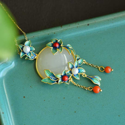 S925 Silver Inlaid Hetian Nephrite "Golden Orchid" Pendant