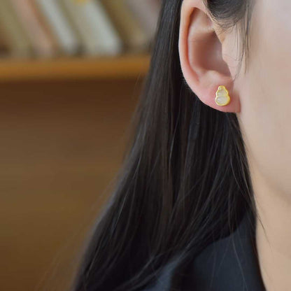 925 Silver Inlaid White Hetian Nephrite "Gourd for Double Blessings (Prosperity & Fortune)" Stud Earrings