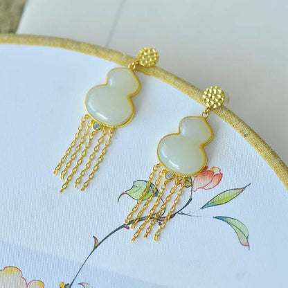 925 Silver Inlaid Hetian Nephrite "Gourd & Tassel" Earrings