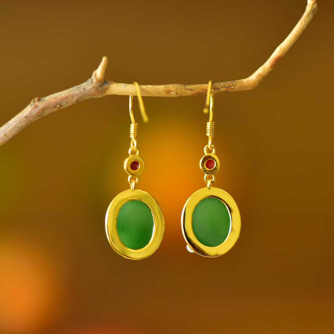 925 Silver Inlaid Hetian Spinach Green Nephrite "Lotus & Harmony" Stud Earrings