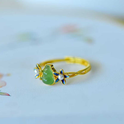 925 Silver Inlaid Hetian Nephrite "Gourd & Orchid" Ring