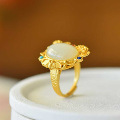 S925 Silver Inlaid Hetian Nephrite "Happiness Before One's Eyes" Ring