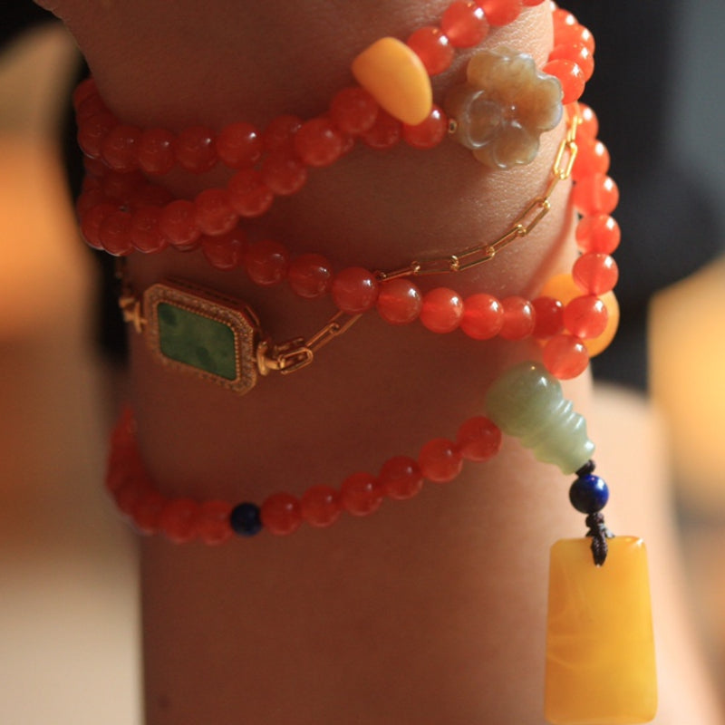 Natural Nanhong Agate 5.8mm Bracelet with Beeswax Amber and Hetian Jade Accents Triple Treasure Combination