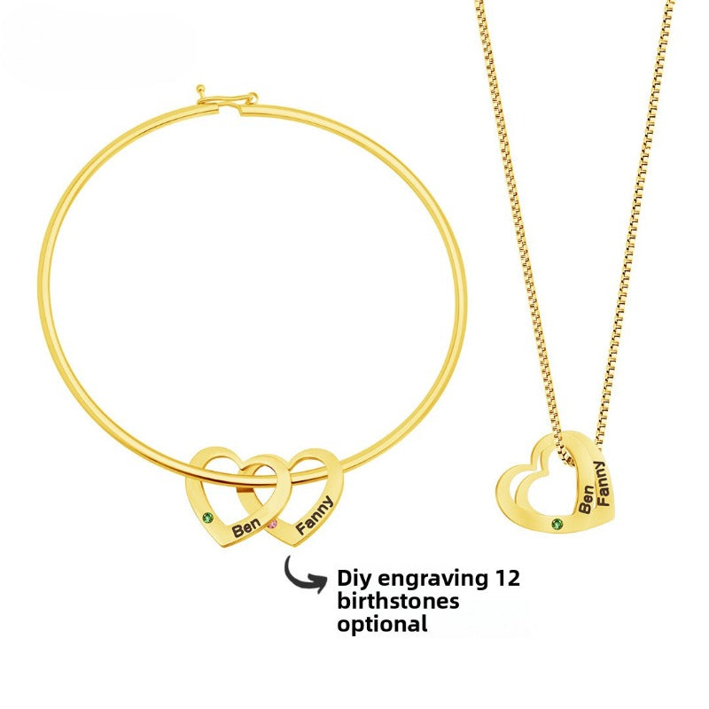 Pulsera con piedra de nacimiento de corazón de melocotón grabada 